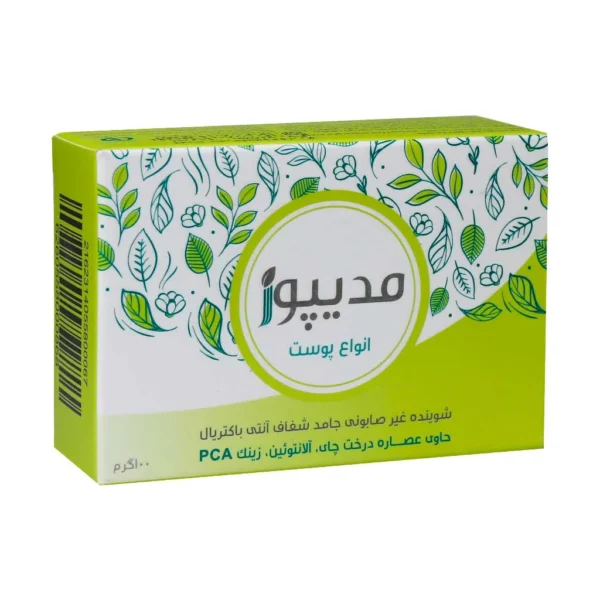 شوینده غیرصابونی جامد شفاف آنتی باکتریال مدیپور حاوی عصاره درخت چای 100 گرم