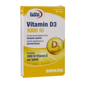 قرص ویتامین D3 1000 واحد یوروویتال 60 عدد تقویت سیستم ایمنی و سلامت استخوان‌ها