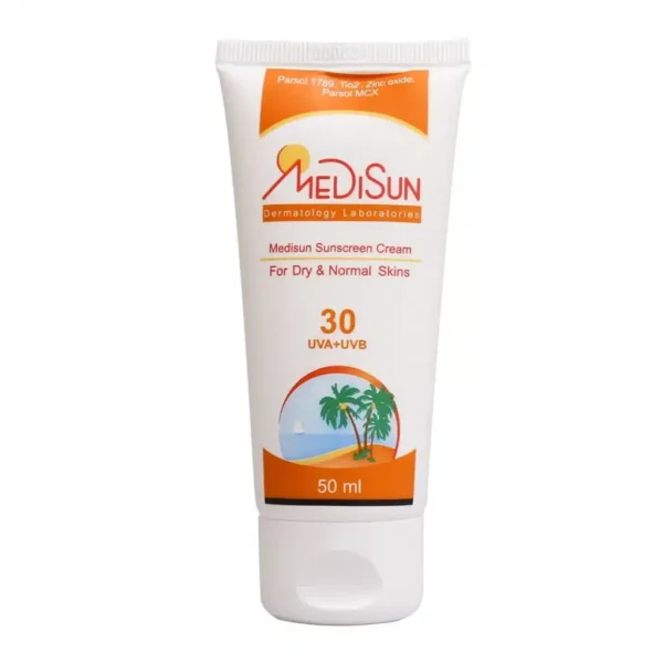 کرم ضد آفتاب SPF30 مدیسان پوست خشک و معمولی 50 میلی لیتر مرطوب کننده و مقاوم در برابر آب